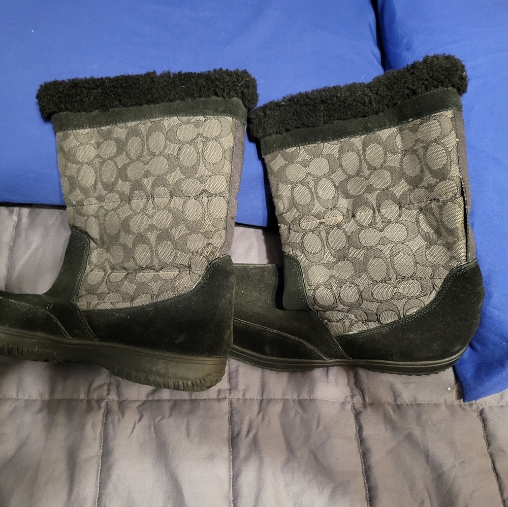 COACH Sherman Signature Logo FauxFur Trim Lined Boots Black Smoke Womens 9.5